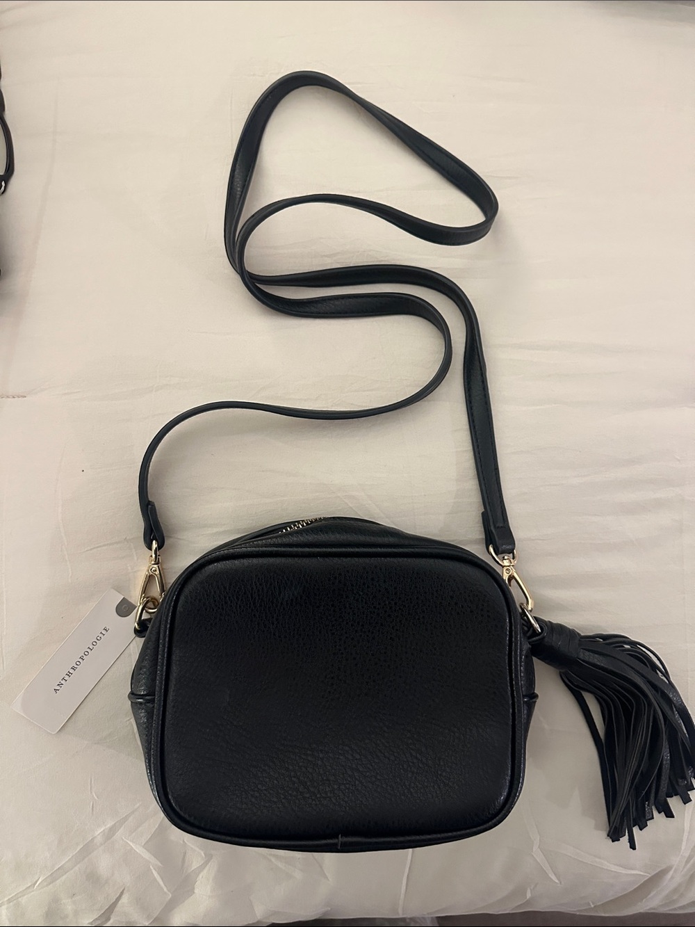 Anthropologie Jules Kae Black Leather Crossbody with Tassel Accent
